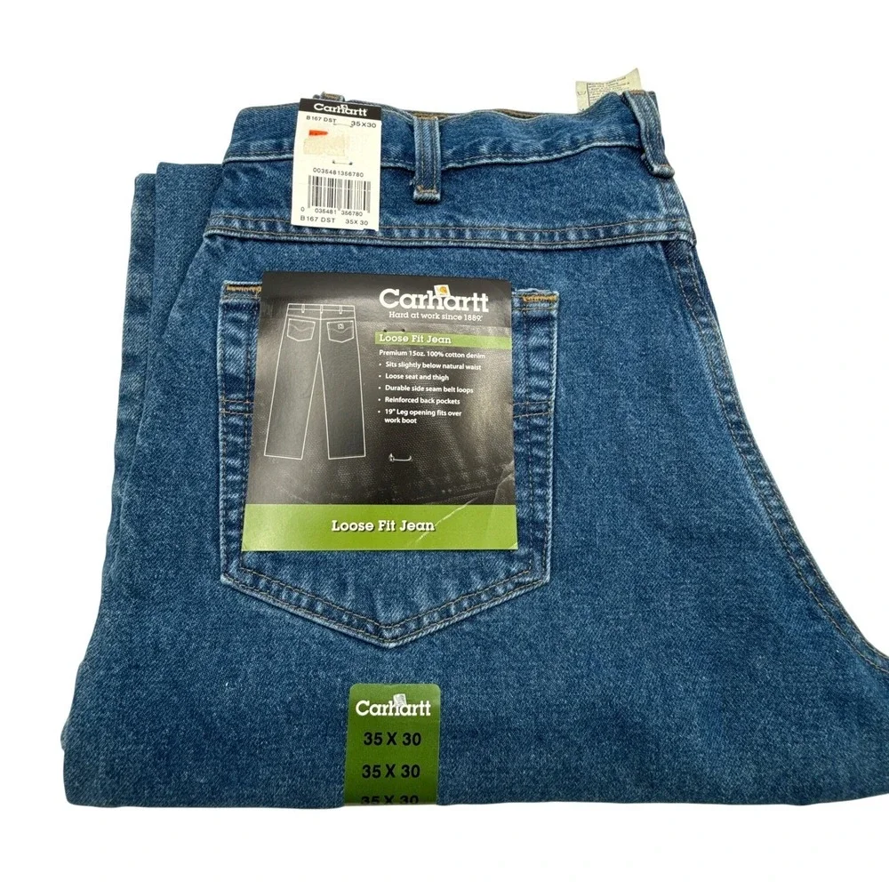 Carhartt Mens Loose Fit Denim Jeans 35x30 New with Tags B167 DST Blue Work Pants